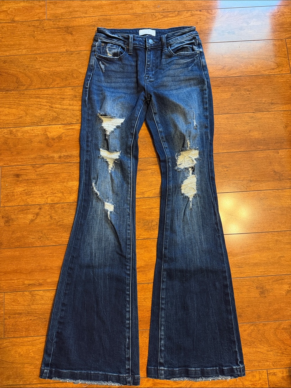 Women's Dark Blue Distressed Flare Jeans